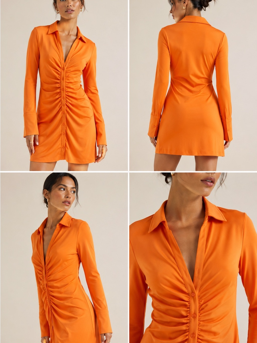 H&M Orange Ruched Button Front Shirt Mini Dress